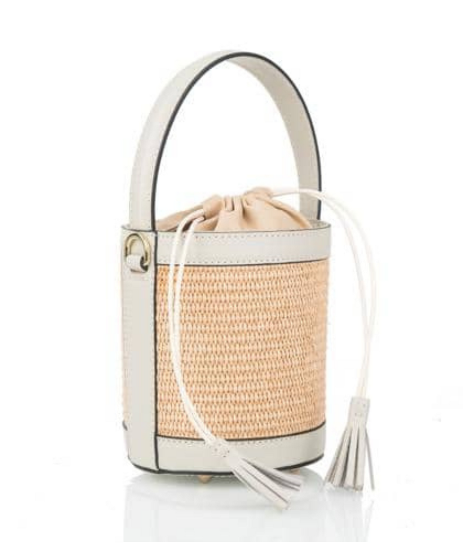 Luxury Raffia Bucket Bag with Off-White Leather Trim | Crossbody Strap