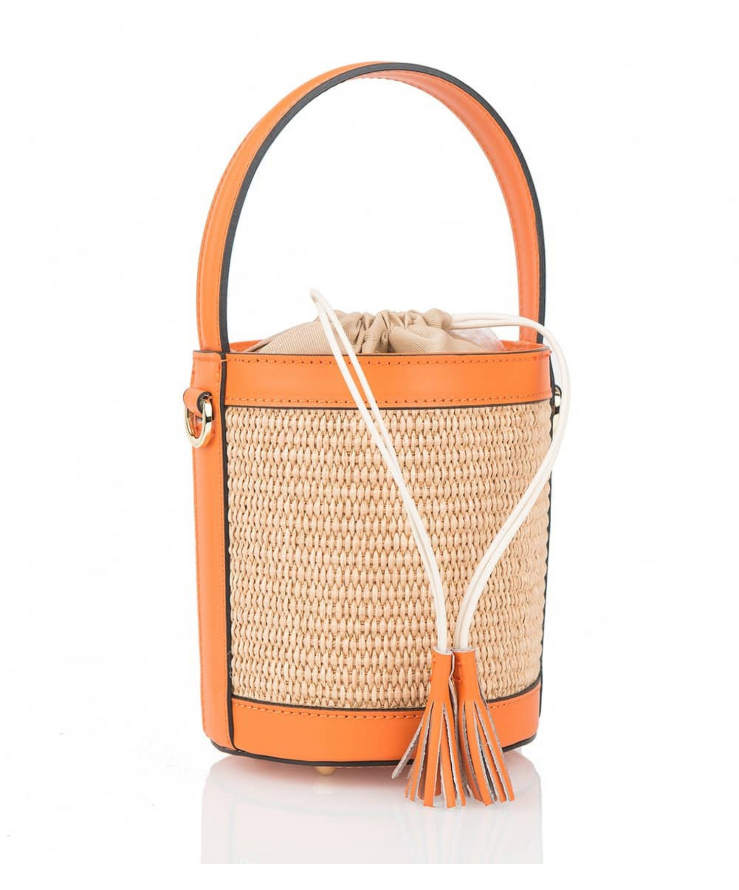 Luxury Raffia Bucket Bag with Orange Leather Trim