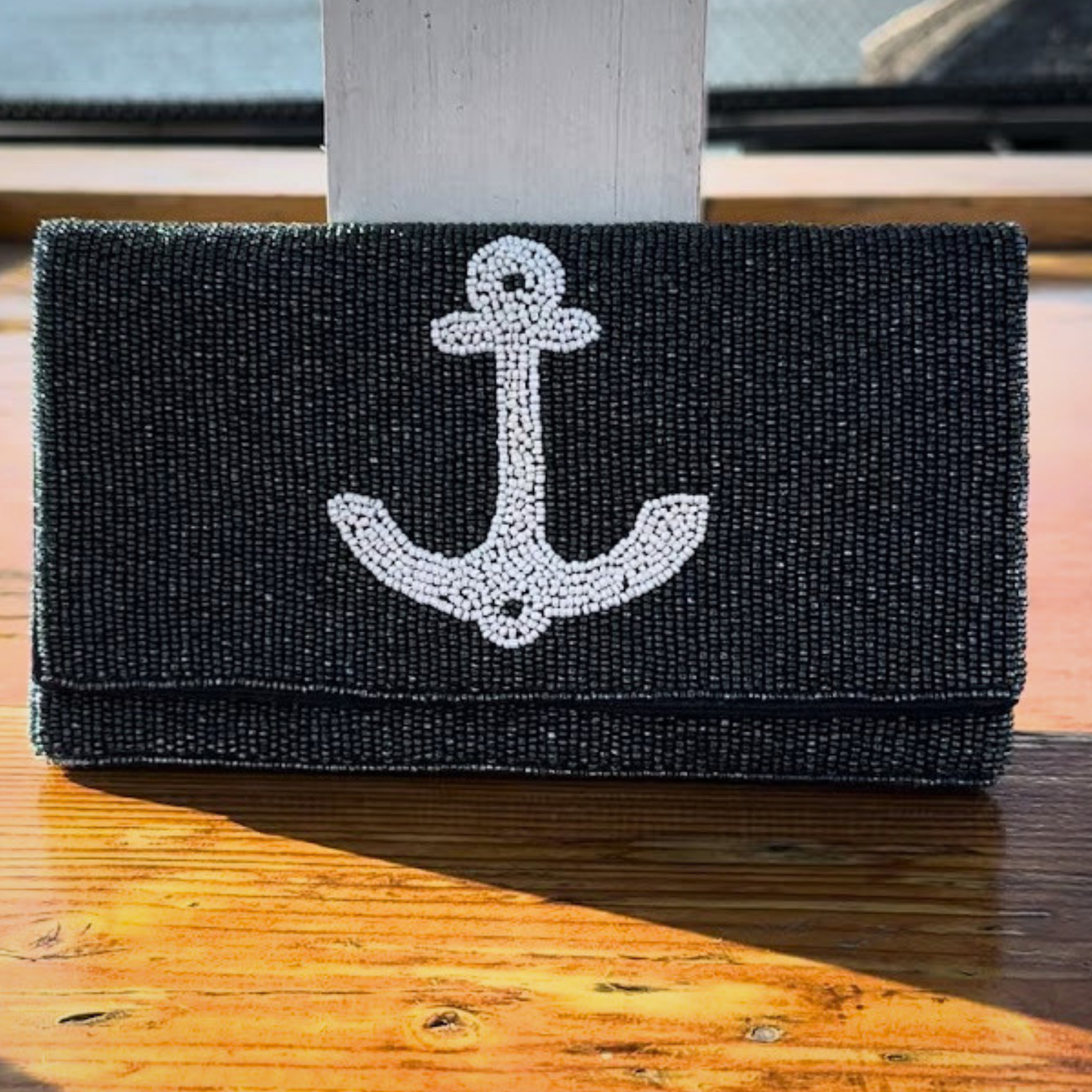 Harbor Blue Beaded Clutch With Anchor Design