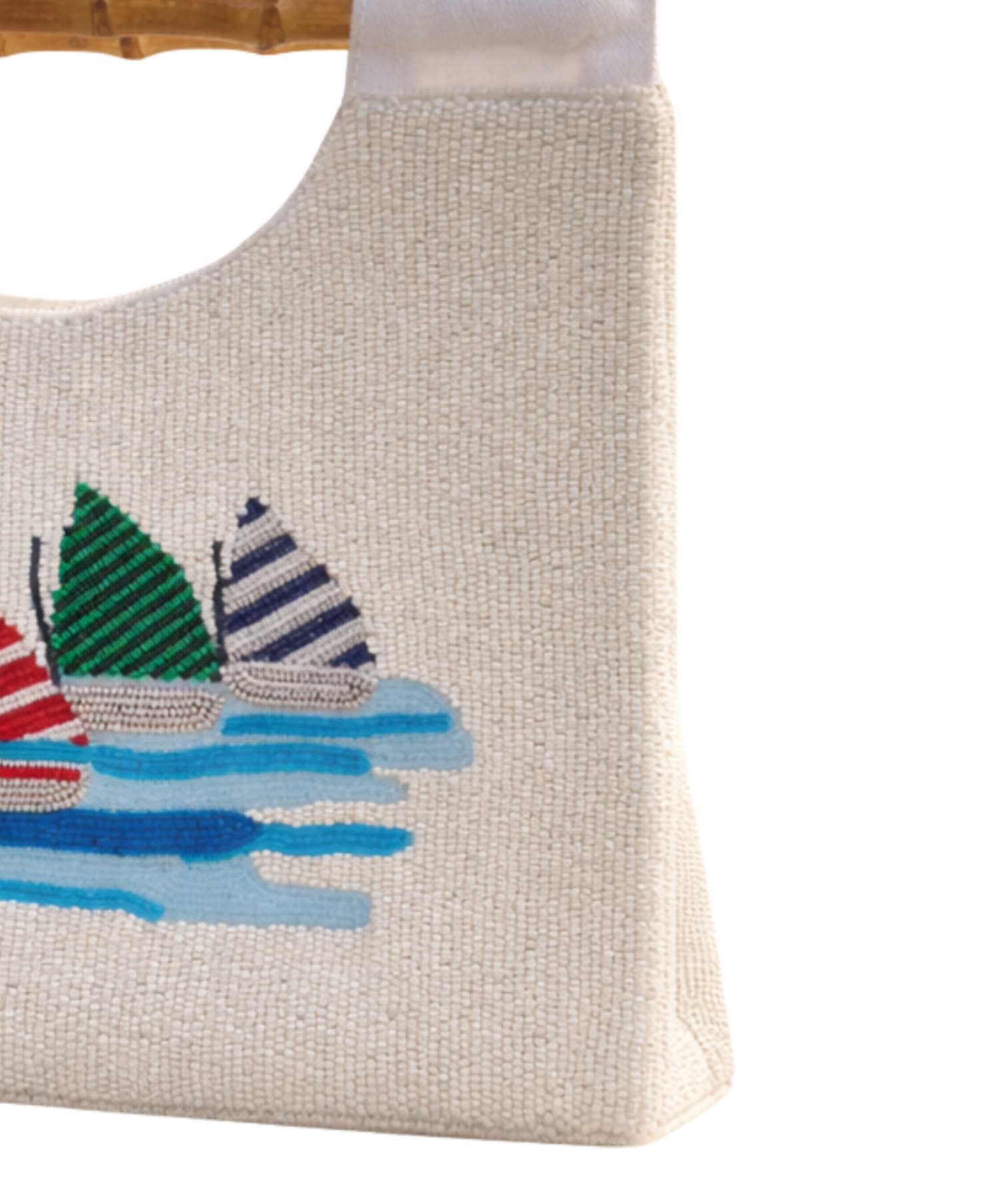 White Beaded Sailboat with Bamboo Handle