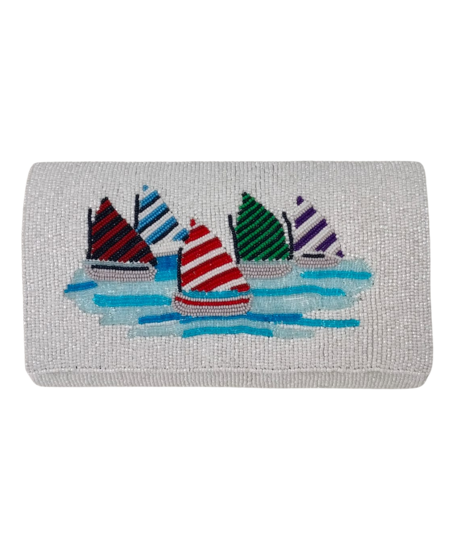 White Beaded Clutch with Colorful Sailboats